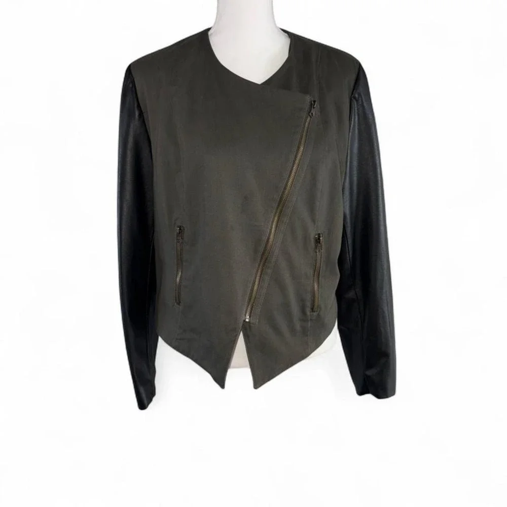Olive Green w/Black Faux Leather Sleeves Y2K Biker Style Jacket‎ Ladies 18/20